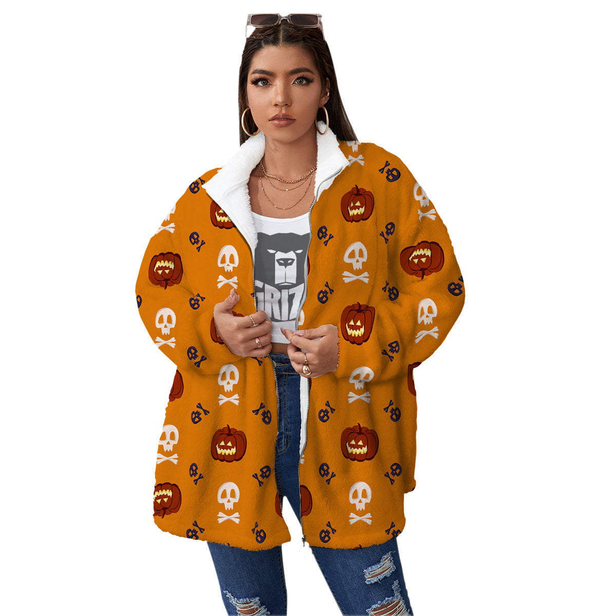 Pumkin And Skull Halloween Print Pattern Women's Sherpa Jacket-grizzshop