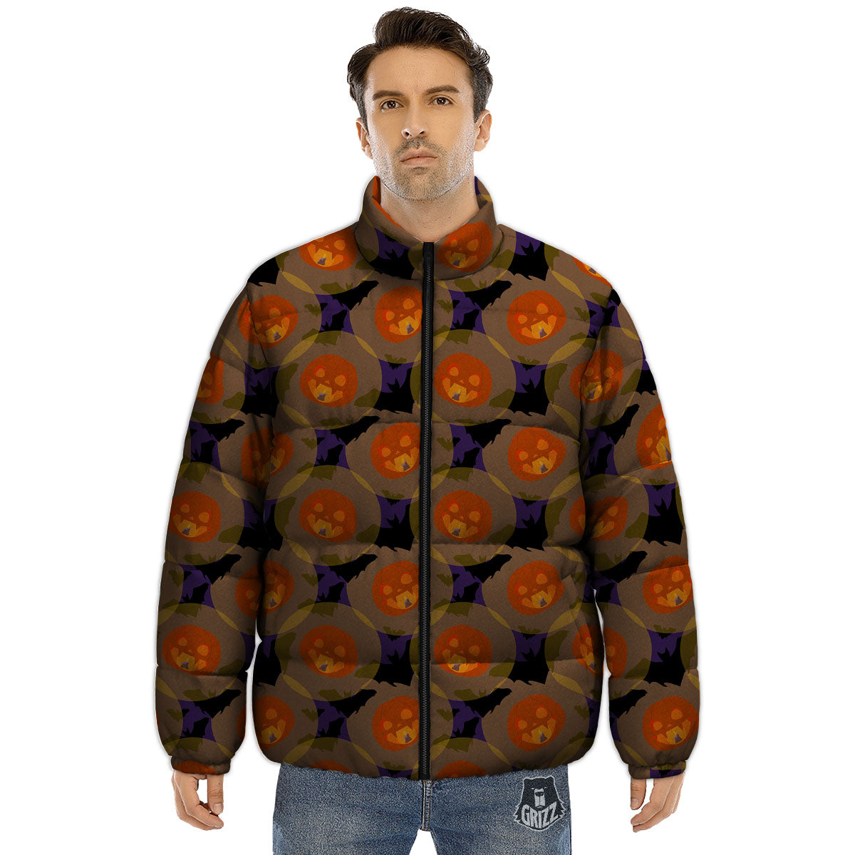 Pumkin Bat Halloween Print Pattern Puffer Jacket-grizzshop