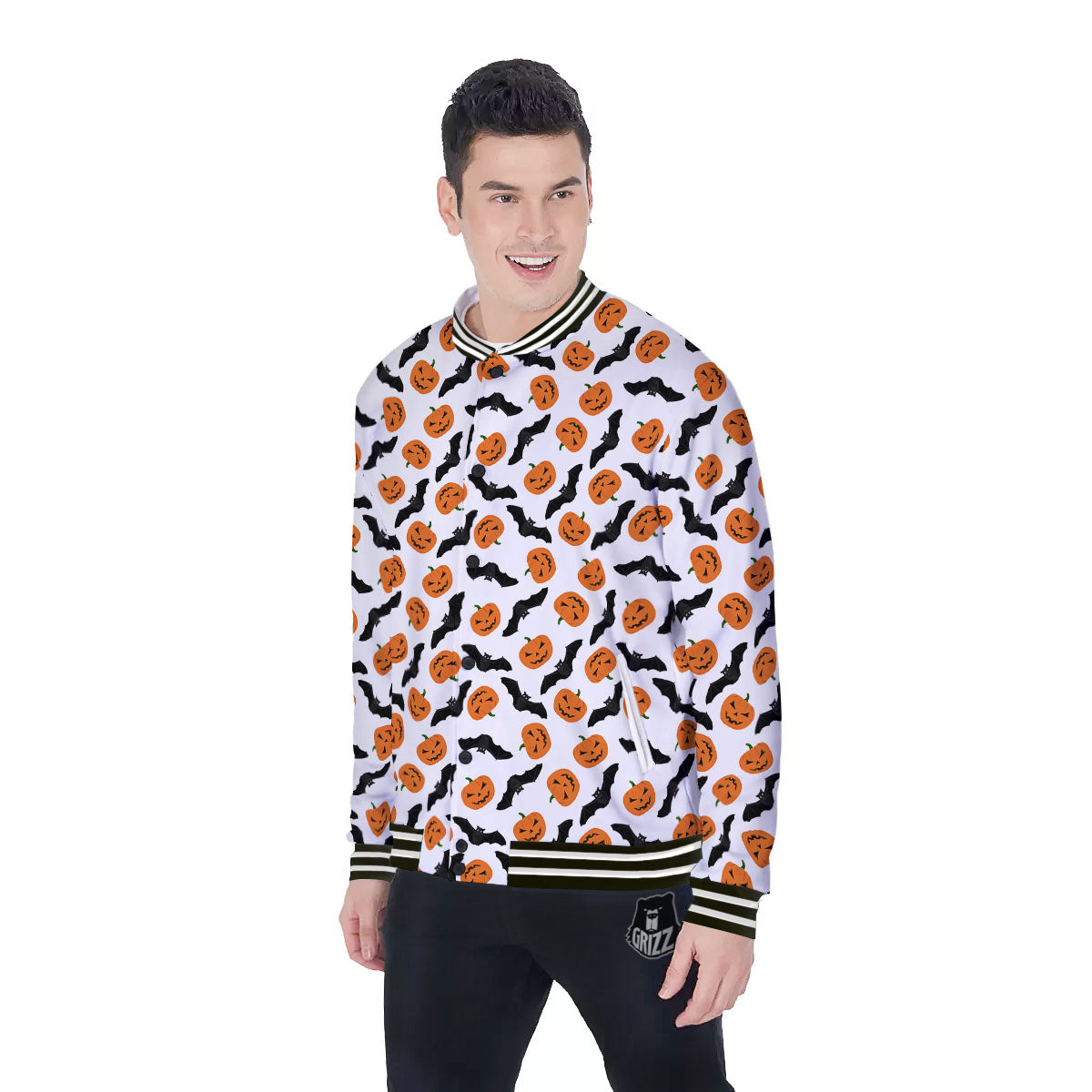 Pumpkin And Bat Halloween Print Pattern Baseball Jacket-grizzshop