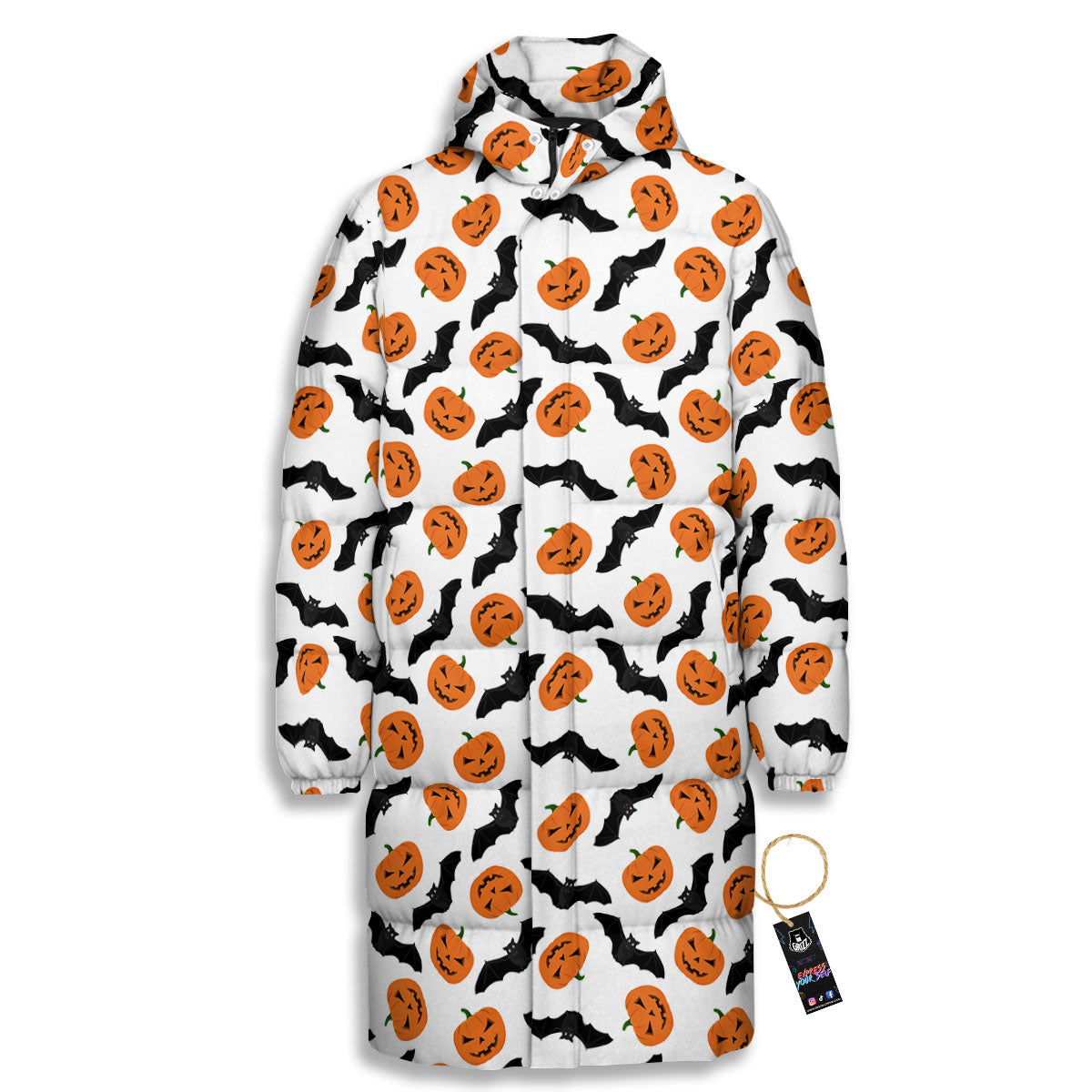 Pumpkin And Bat Halloween Print Pattern Long Down Jacket-grizzshop
