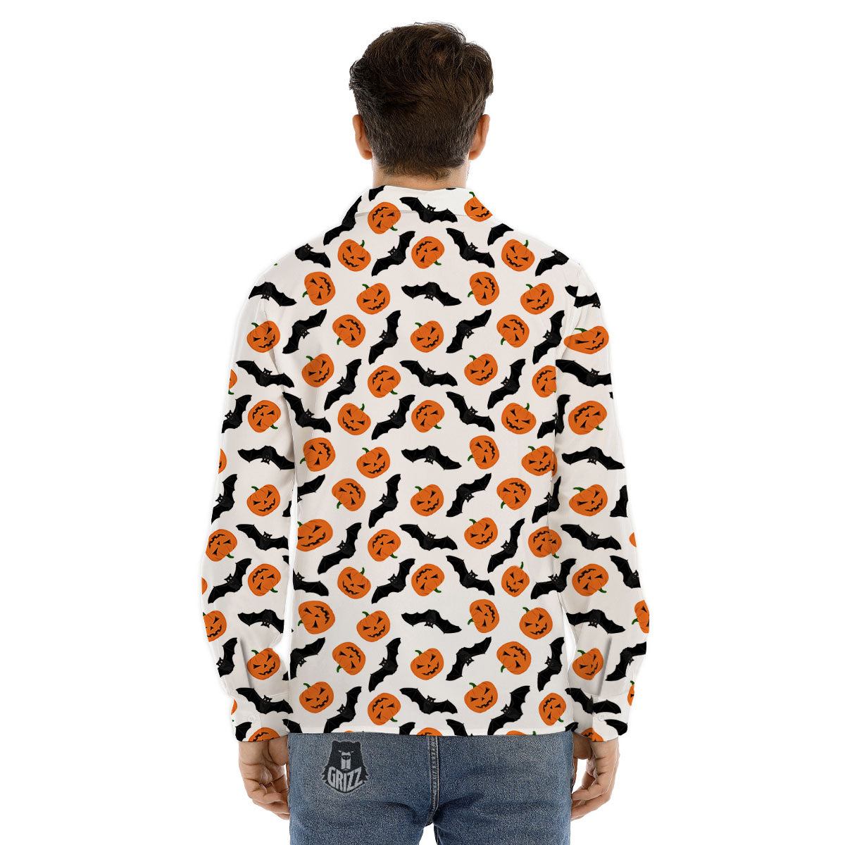 Pumpkin And Bat Halloween Print Pattern Men's Dress Shirts-grizzshop
