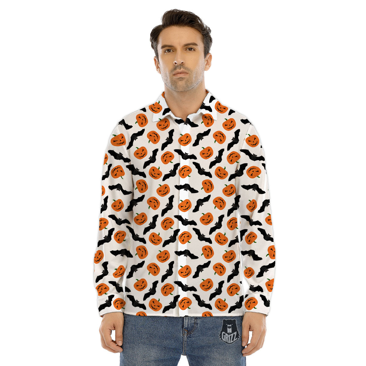 Pumpkin And Bat Halloween Print Pattern Men's Dress Shirts-grizzshop