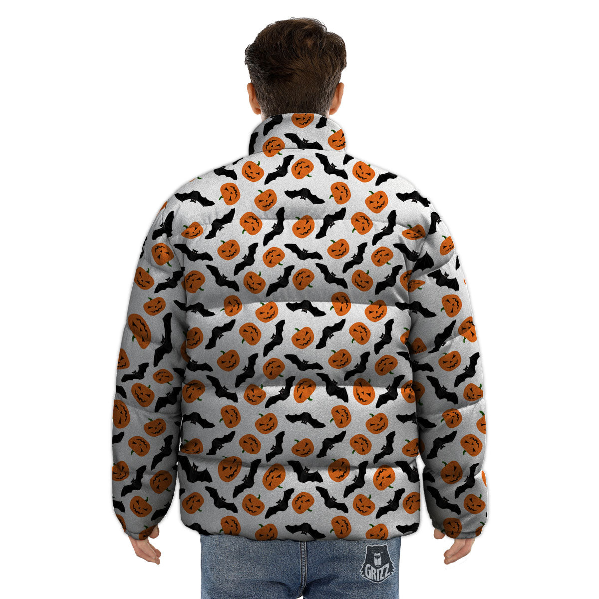 Pumpkin And Bat Halloween Print Pattern Puffer Jacket-grizzshop