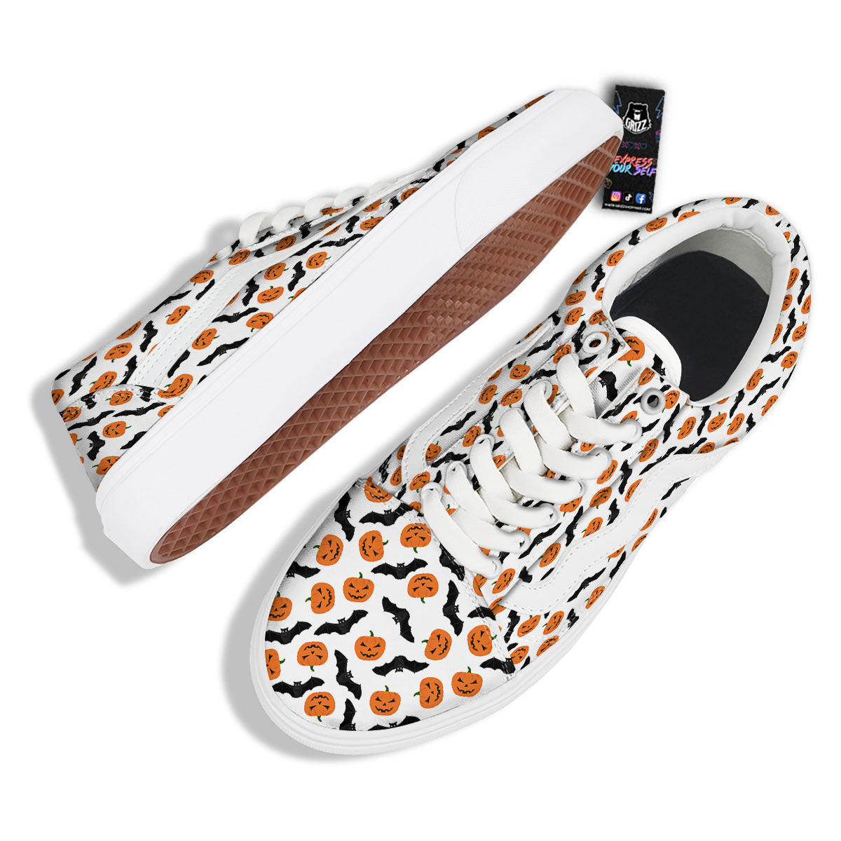 Pumpkin And Bat Halloween Print Pattern Skate Shoes-grizzshop