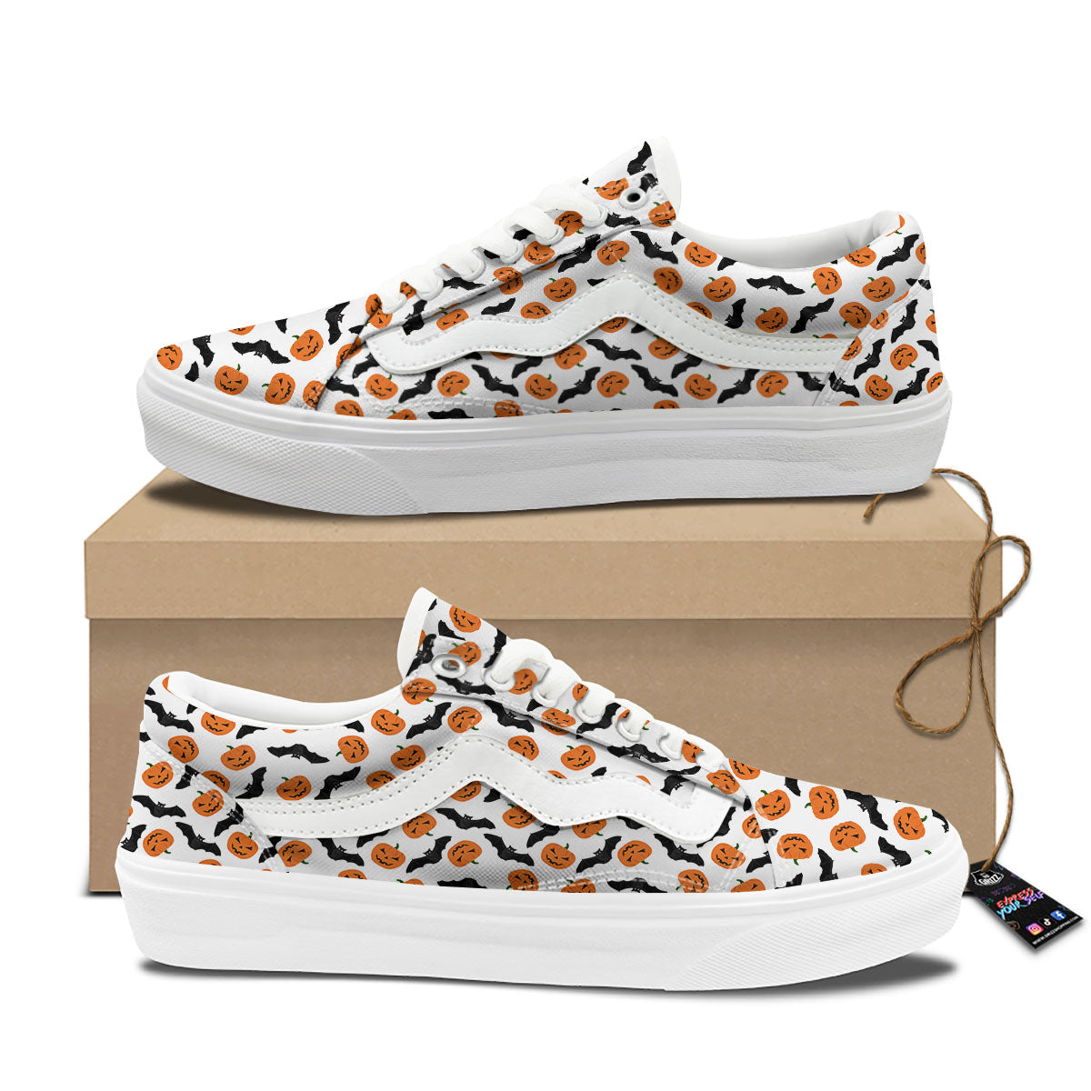 Pumpkin And Bat Halloween Print Pattern Skate Shoes-grizzshop