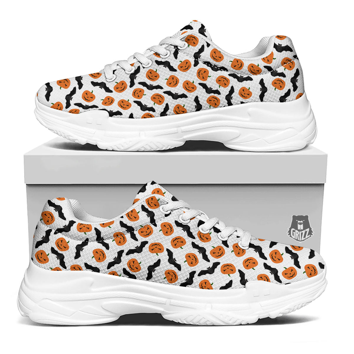 Pumpkin And Bat Halloween Print Pattern White Chunky Shoes-grizzshop