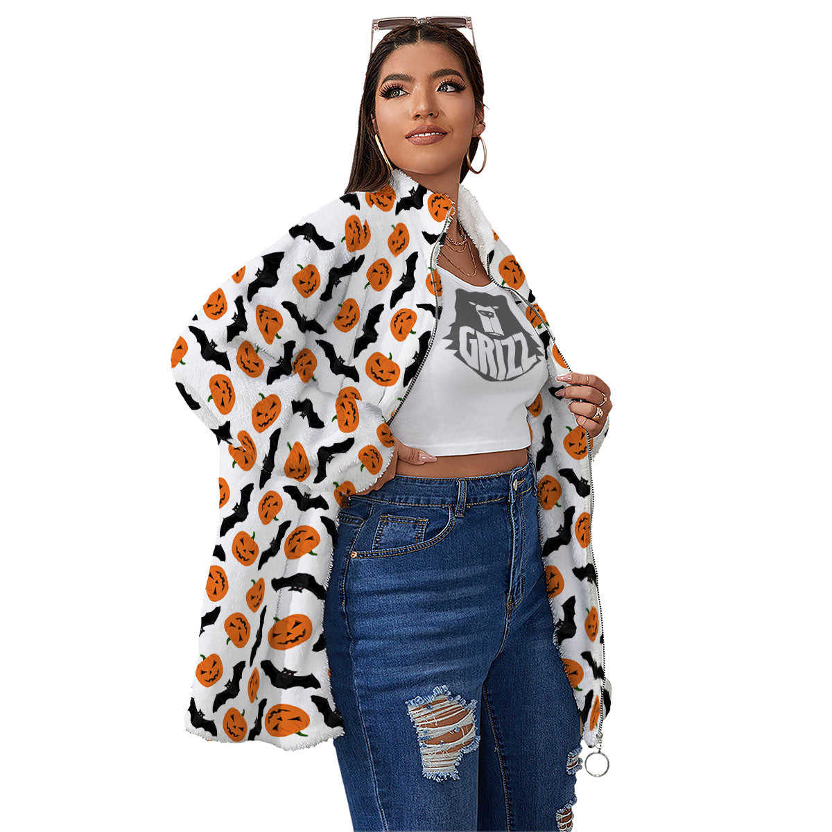 Pumpkin And Bat Halloween Print Pattern Women's Sherpa Jacket-grizzshop