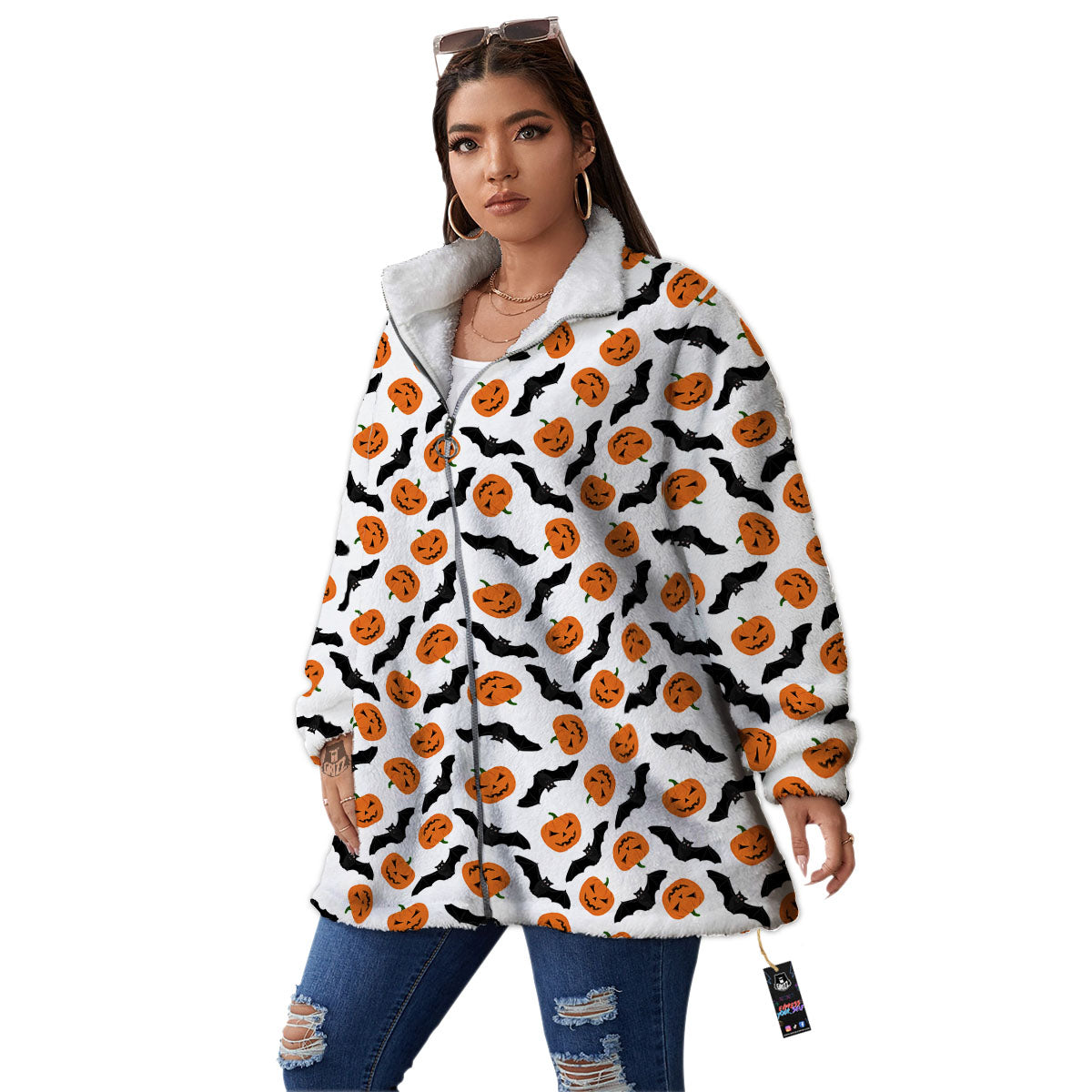 Pumpkin And Bat Halloween Print Pattern Women's Sherpa Jacket-grizzshop