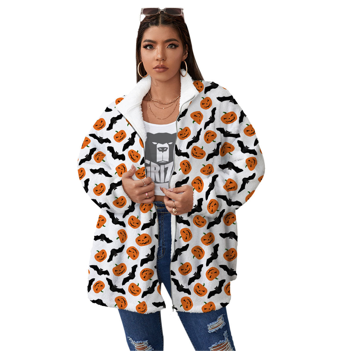 Pumpkin And Bat Halloween Print Pattern Women's Sherpa Jacket-grizzshop