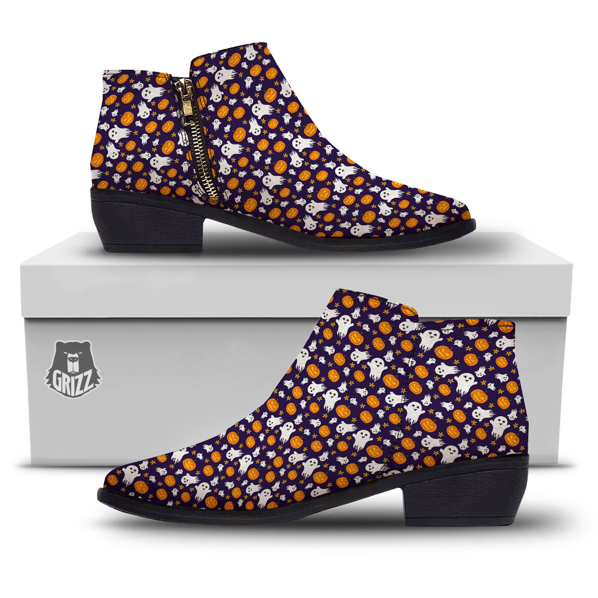Pumpkin And Ghost Print Pattern Ankle Boots-grizzshop