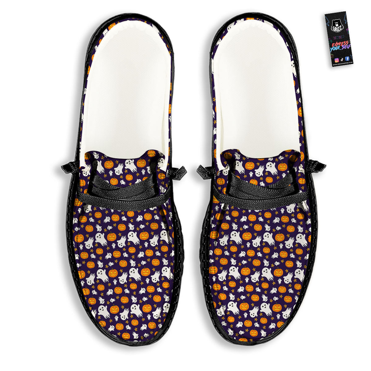 Pumpkin And Ghost Print Pattern Black Loafers-grizzshop