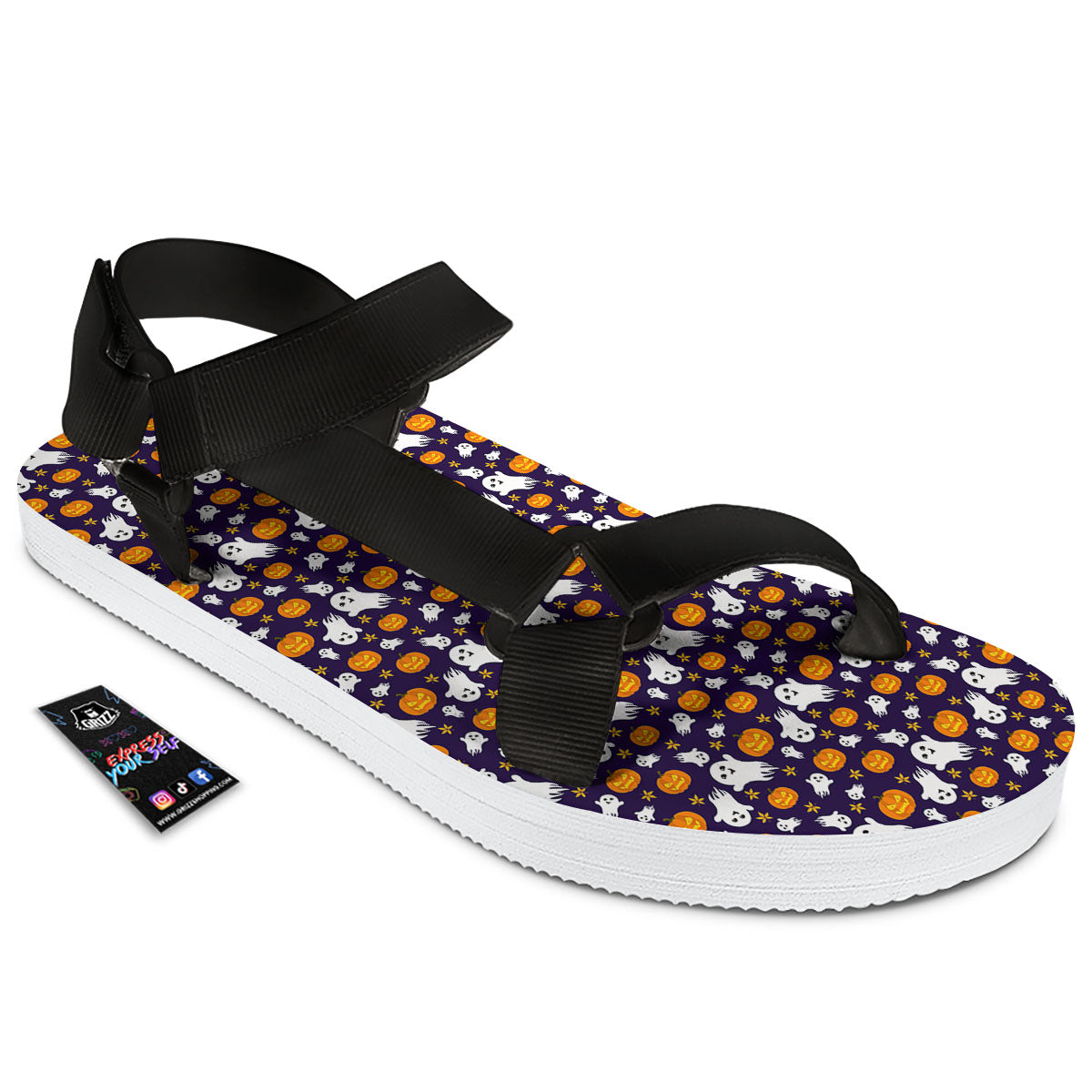 Pumpkin And Ghost Print Pattern Black Open Toe Sandals-grizzshop