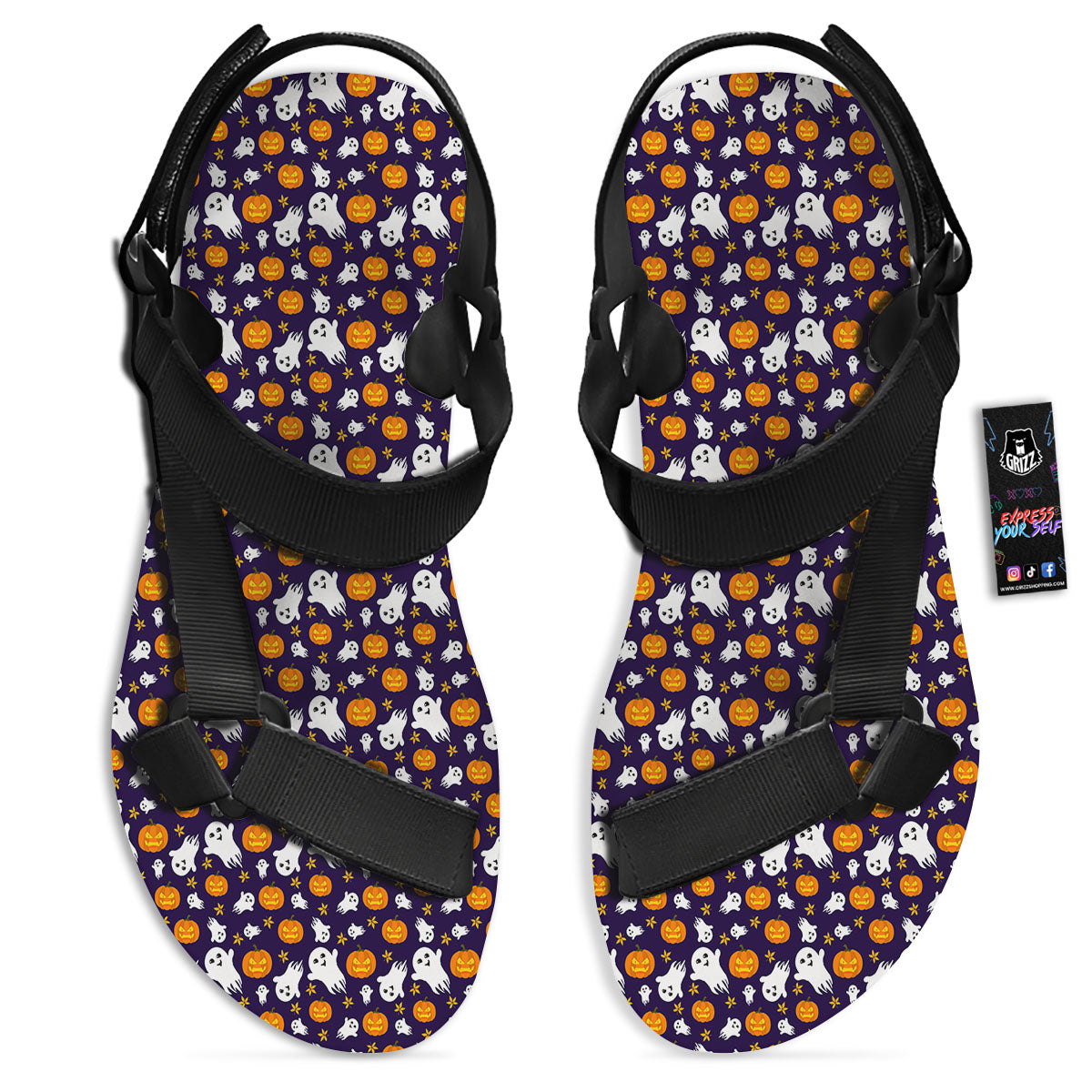 Pumpkin And Ghost Print Pattern Black Open Toe Sandals-grizzshop