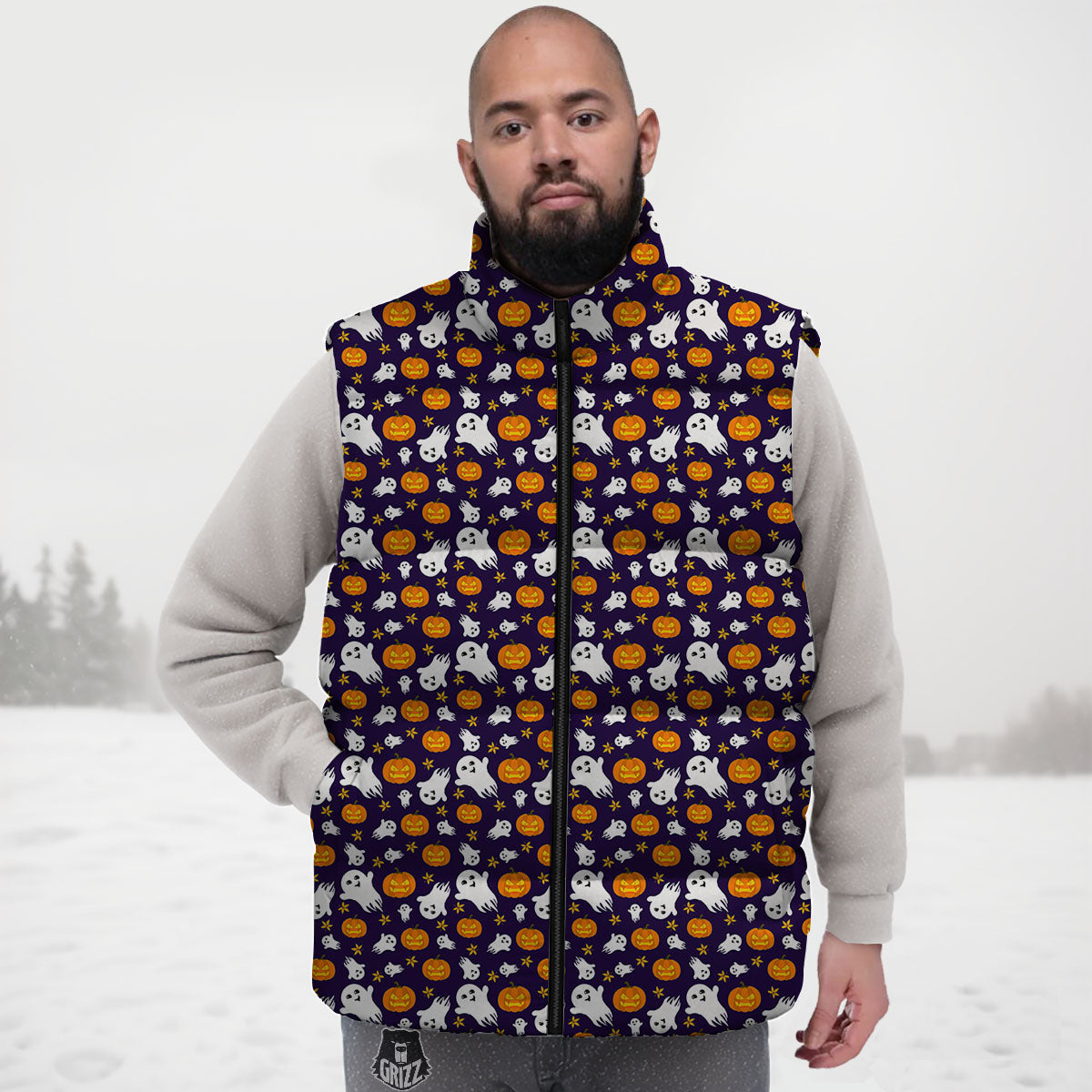 Pumpkin And Ghost Print Pattern Down Vest