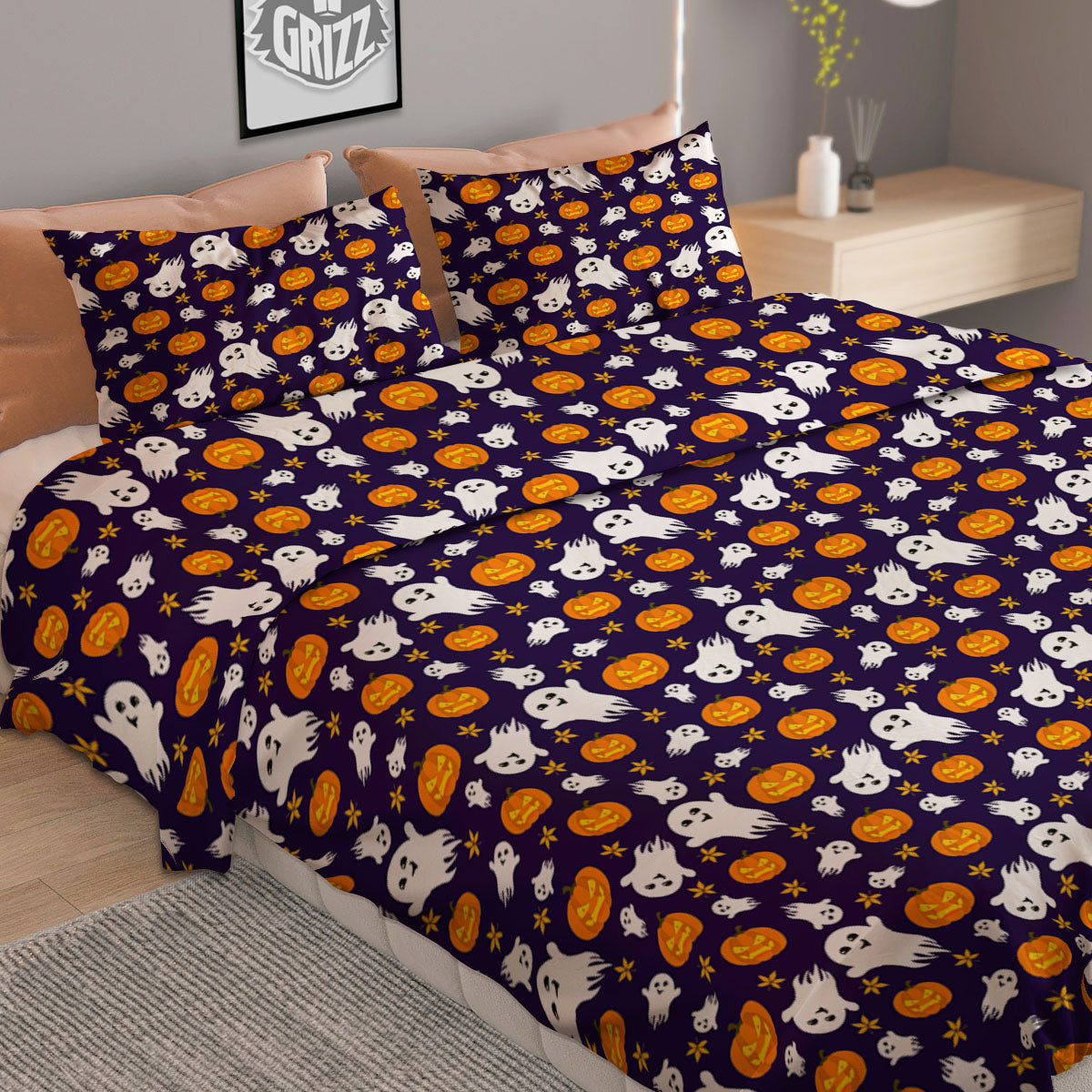Pumpkin And Ghost Print Pattern Duvet Cover Bedding Set