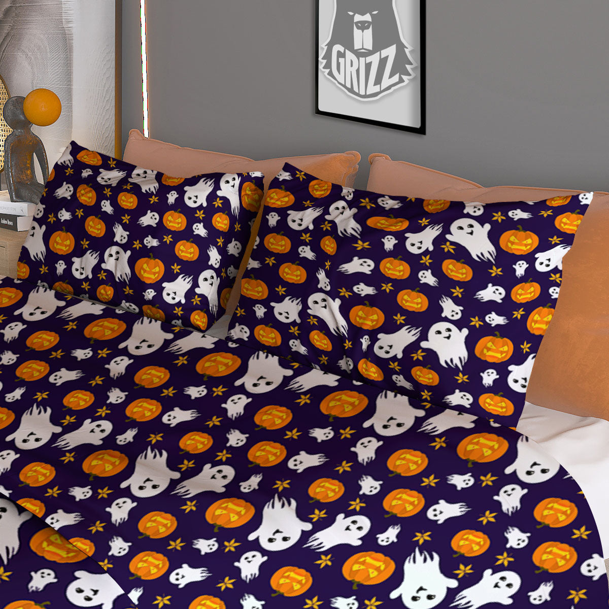 Pumpkin And Ghost Print Pattern Duvet Cover Bedding Set