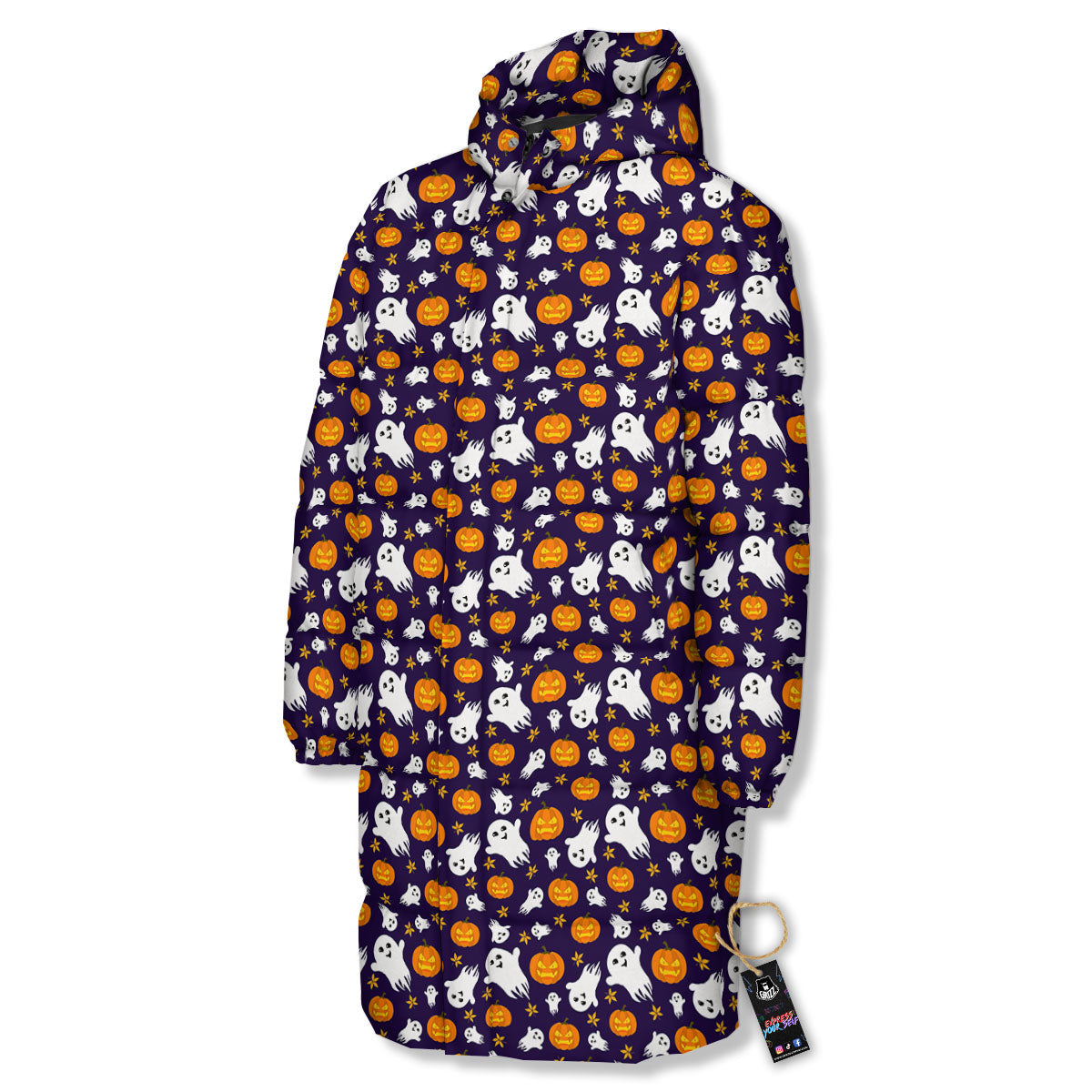 Pumpkin And Ghost Print Pattern Long Down Jacket-grizzshop