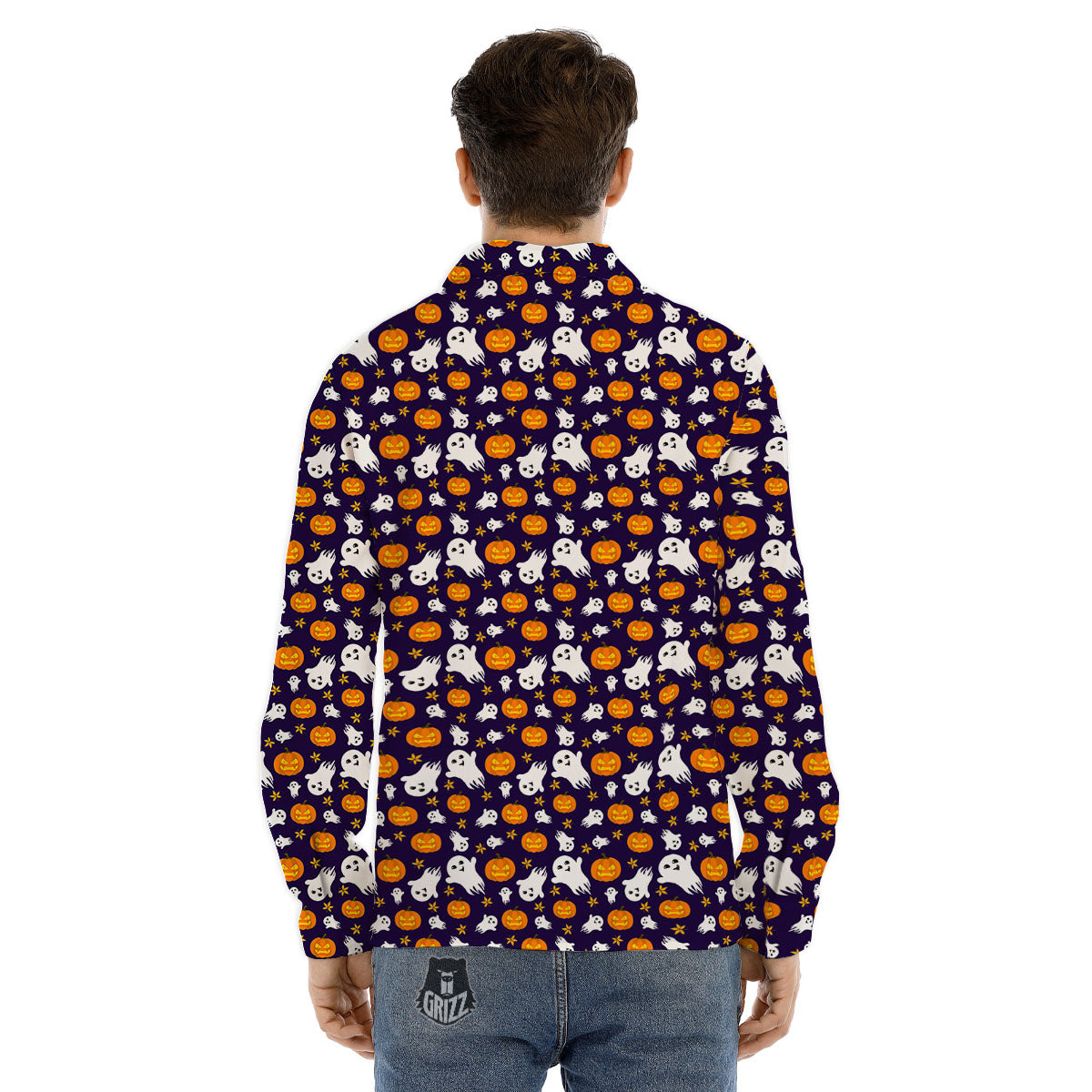 Pumpkin And Ghost Print Pattern Men's Dress Shirts-grizzshop