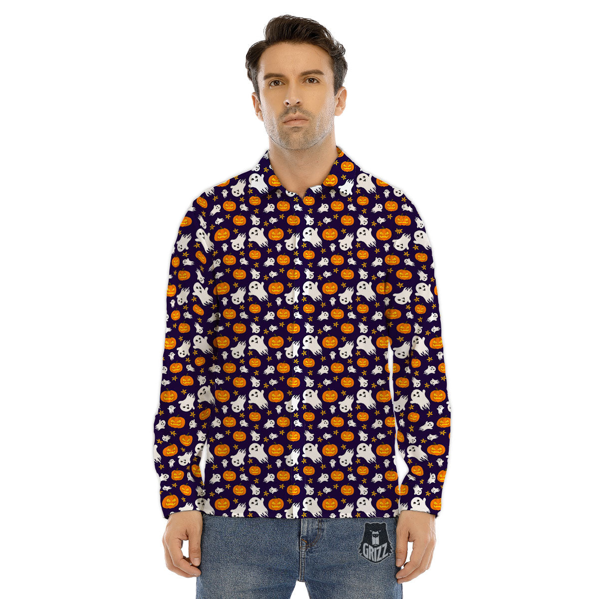 Pumpkin And Ghost Print Pattern Men's Dress Shirts-grizzshop