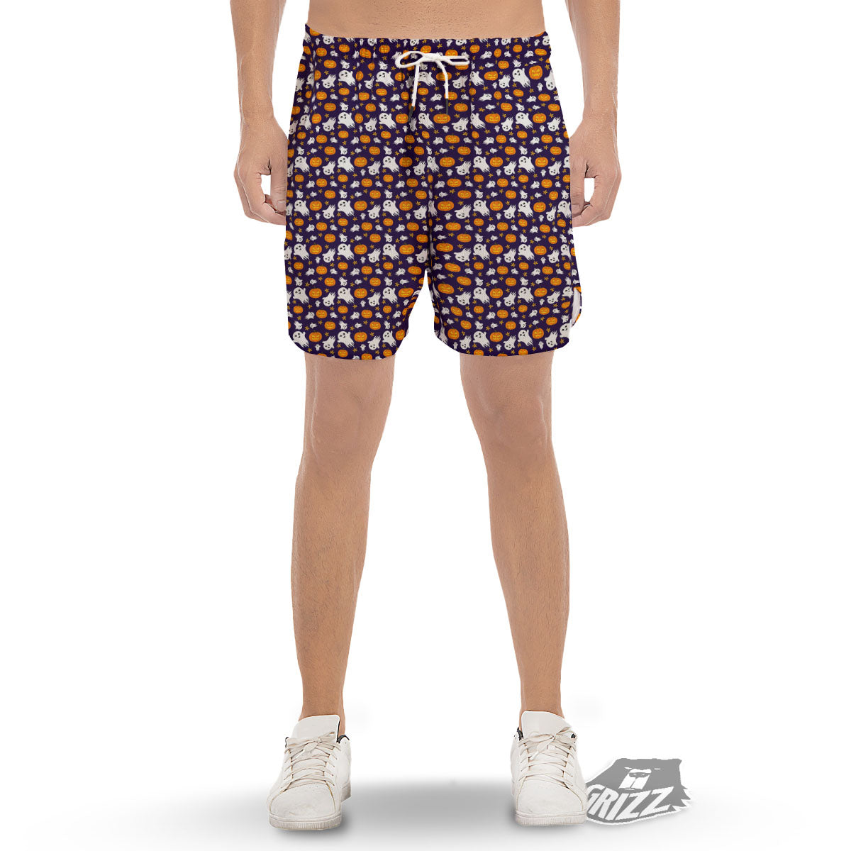 Pumpkin And Ghost Print Pattern Men's Gym Shorts-grizzshop