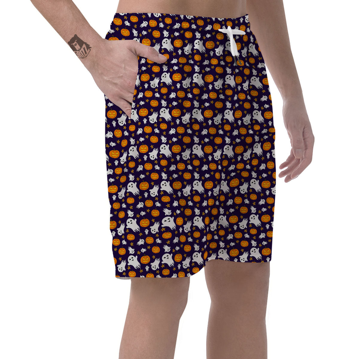 Pumpkin And Ghost Print Pattern Men's Shorts-grizzshop