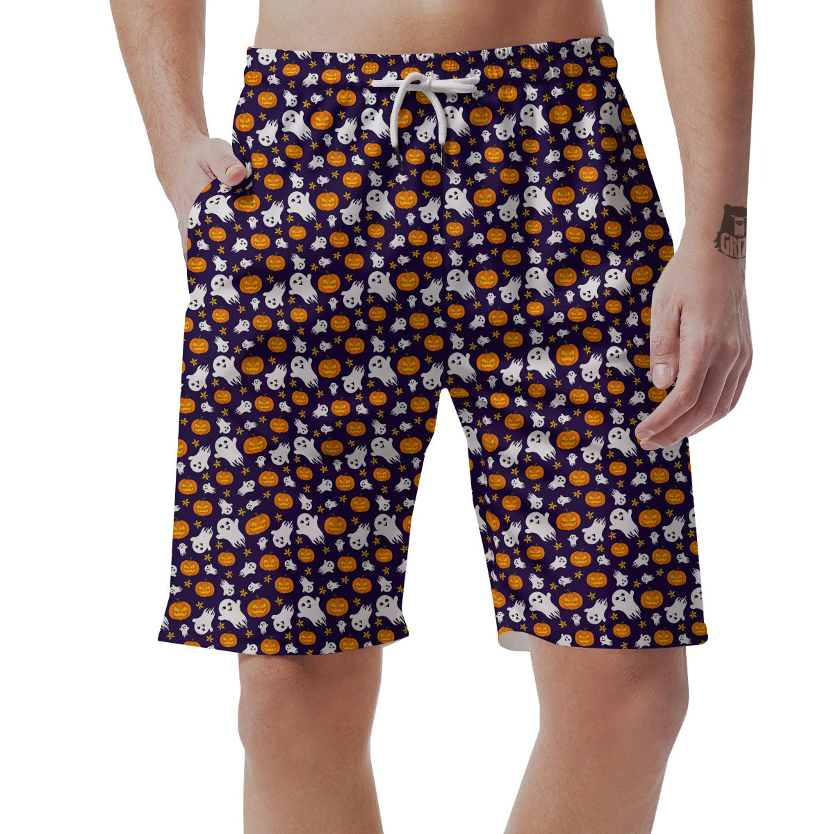 Pumpkin And Ghost Print Pattern Men's Shorts-grizzshop
