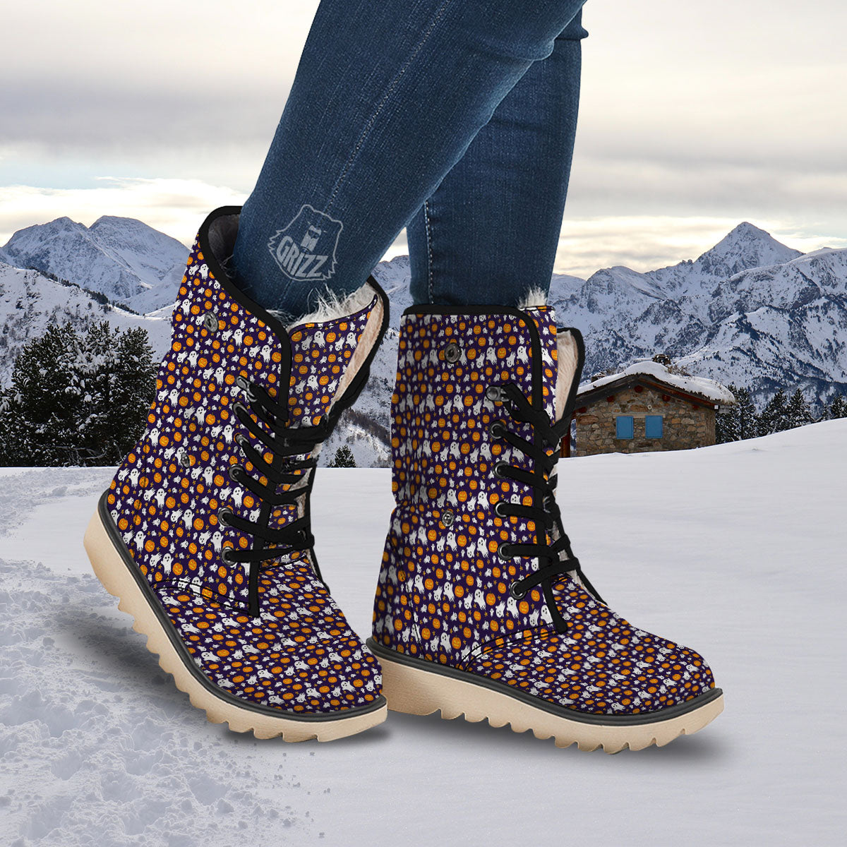 Pumpkin And Ghost Print Pattern Snow Boots-grizzshop