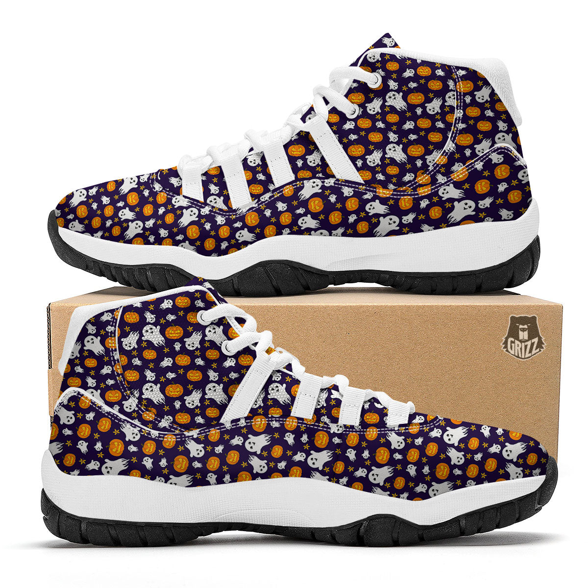 Pumpkin And Ghost Print Pattern White Bball Shoes-grizzshop
