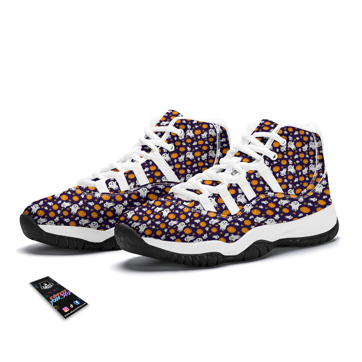 Pumpkin And Ghost Print Pattern White Bball Shoes-grizzshop