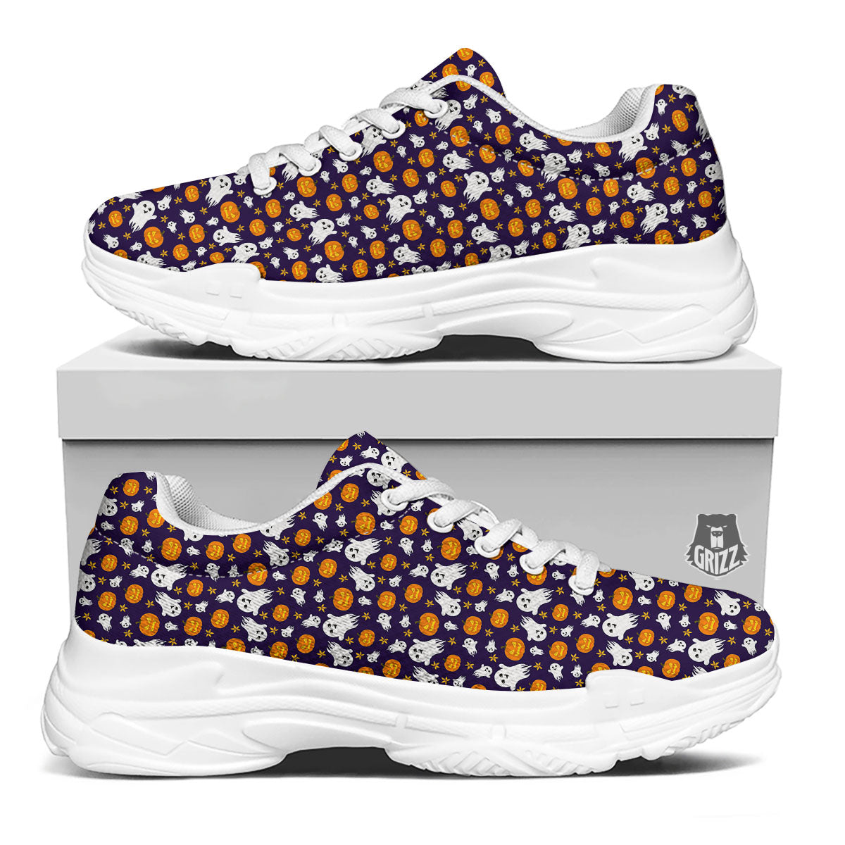 Pumpkin And Ghost Print Pattern White Chunky Shoes-grizzshop