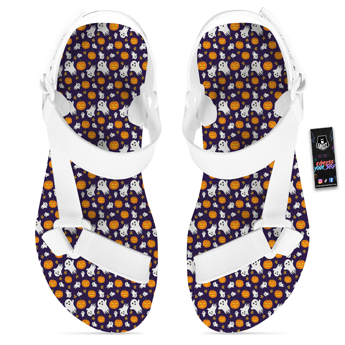 Pumpkin And Ghost Print Pattern White Open Toe Sandals-grizzshop