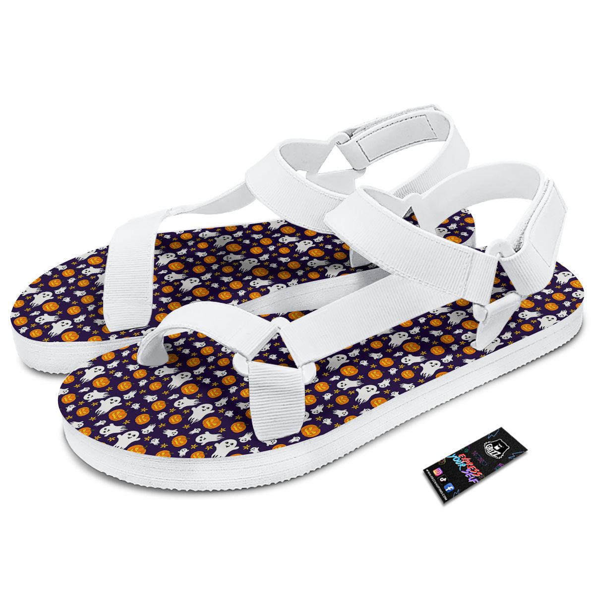 Pumpkin And Ghost Print Pattern White Open Toe Sandals-grizzshop