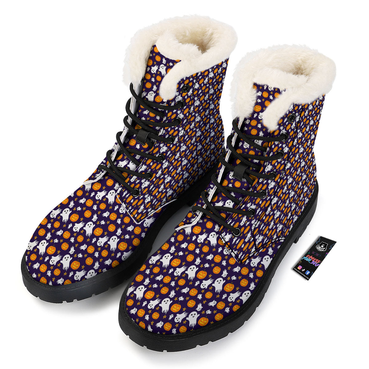 Pumpkin And Ghost Print Pattern Winter Boots-grizzshop
