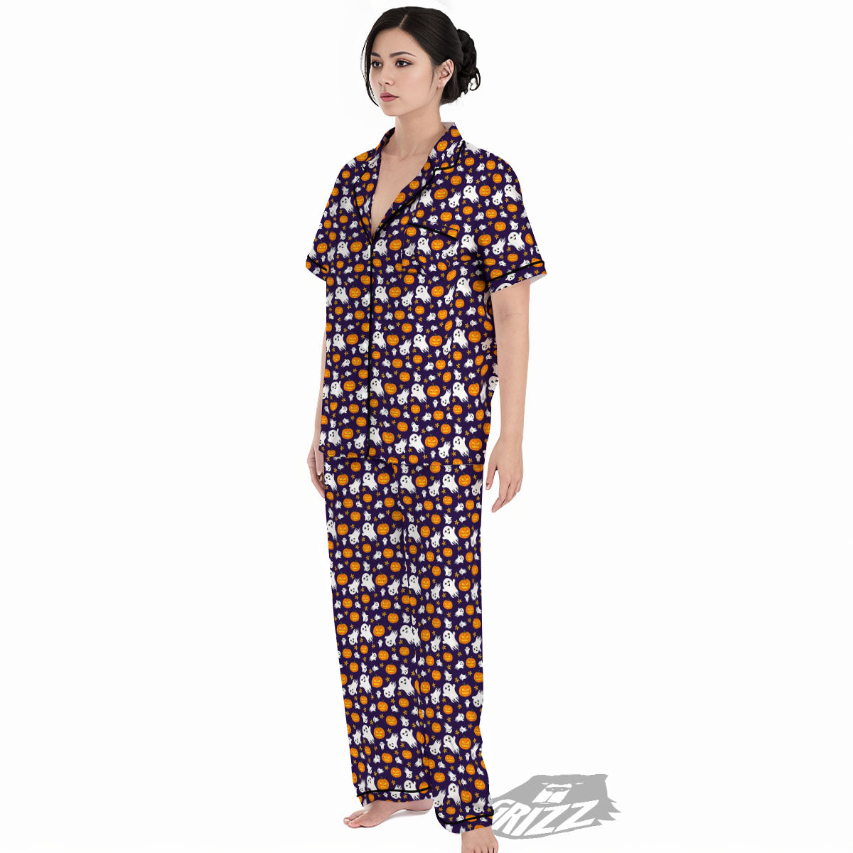 Pumpkin And Ghost Print Pattern Women's Pajamas Set-grizzshop