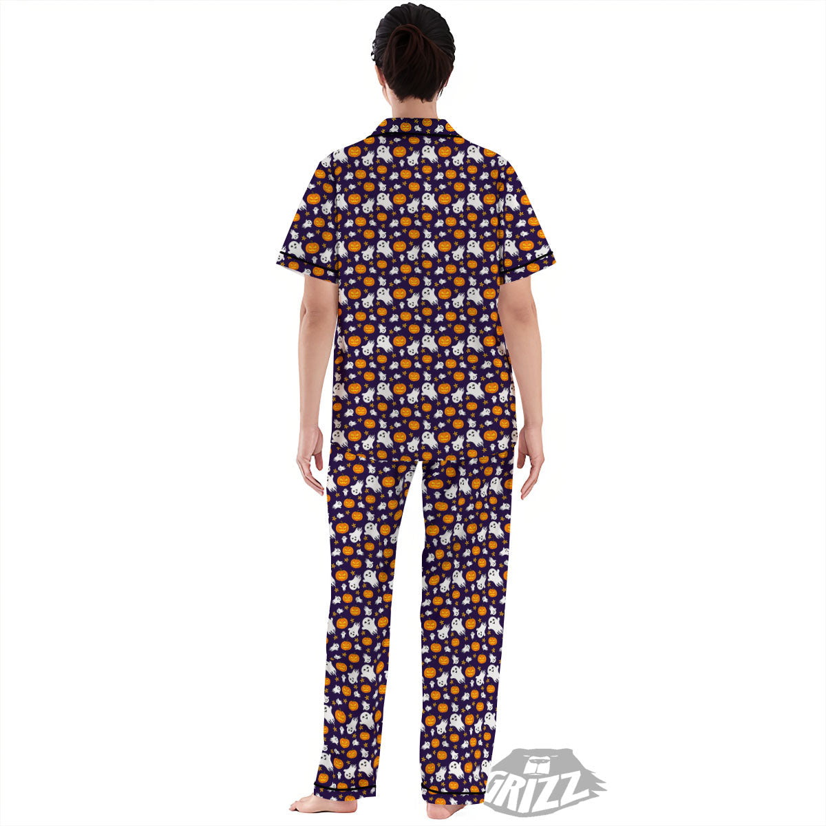 Pumpkin And Ghost Print Pattern Women's Pajamas Set-grizzshop