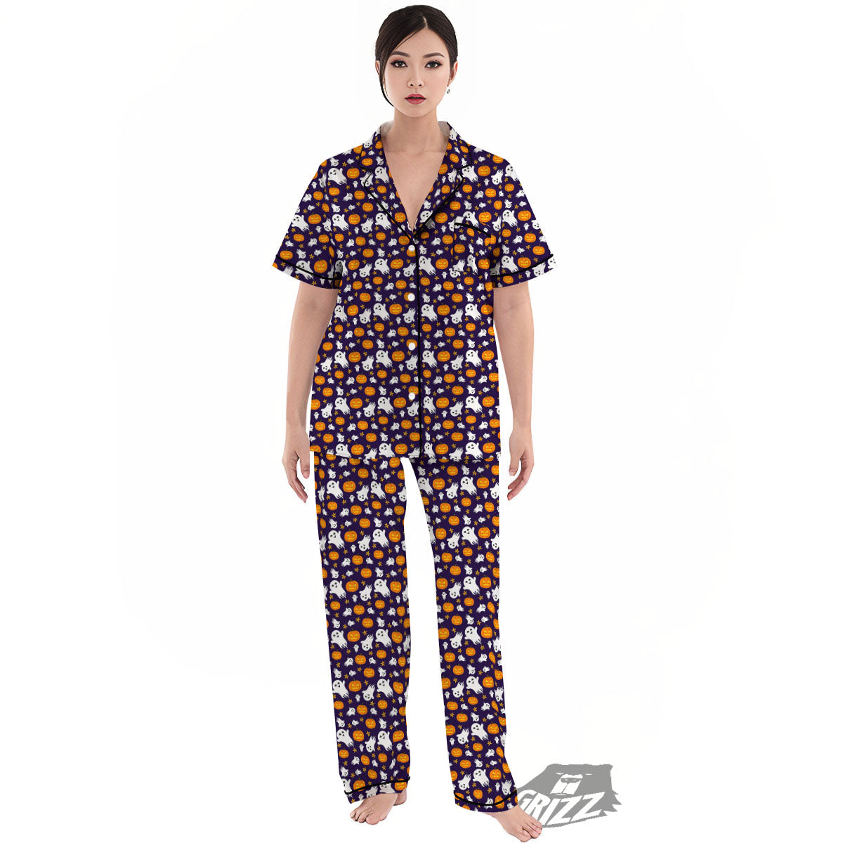 Pumpkin And Ghost Print Pattern Women's Pajamas Set-grizzshop