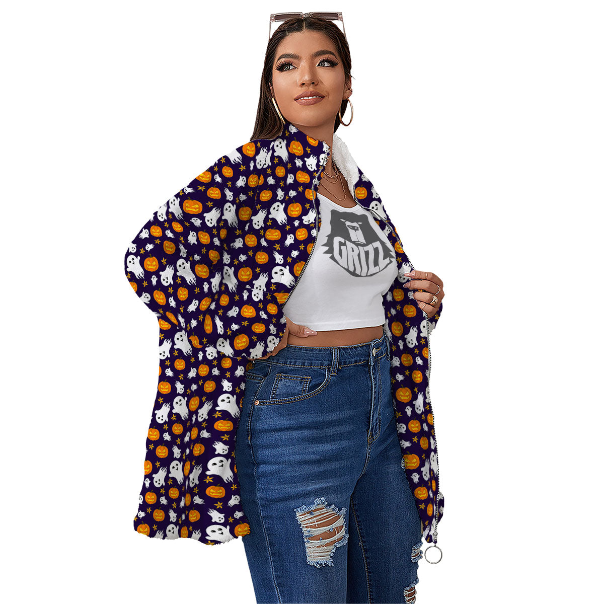 Pumpkin And Ghost Print Pattern Women's Sherpa Jacket-grizzshop