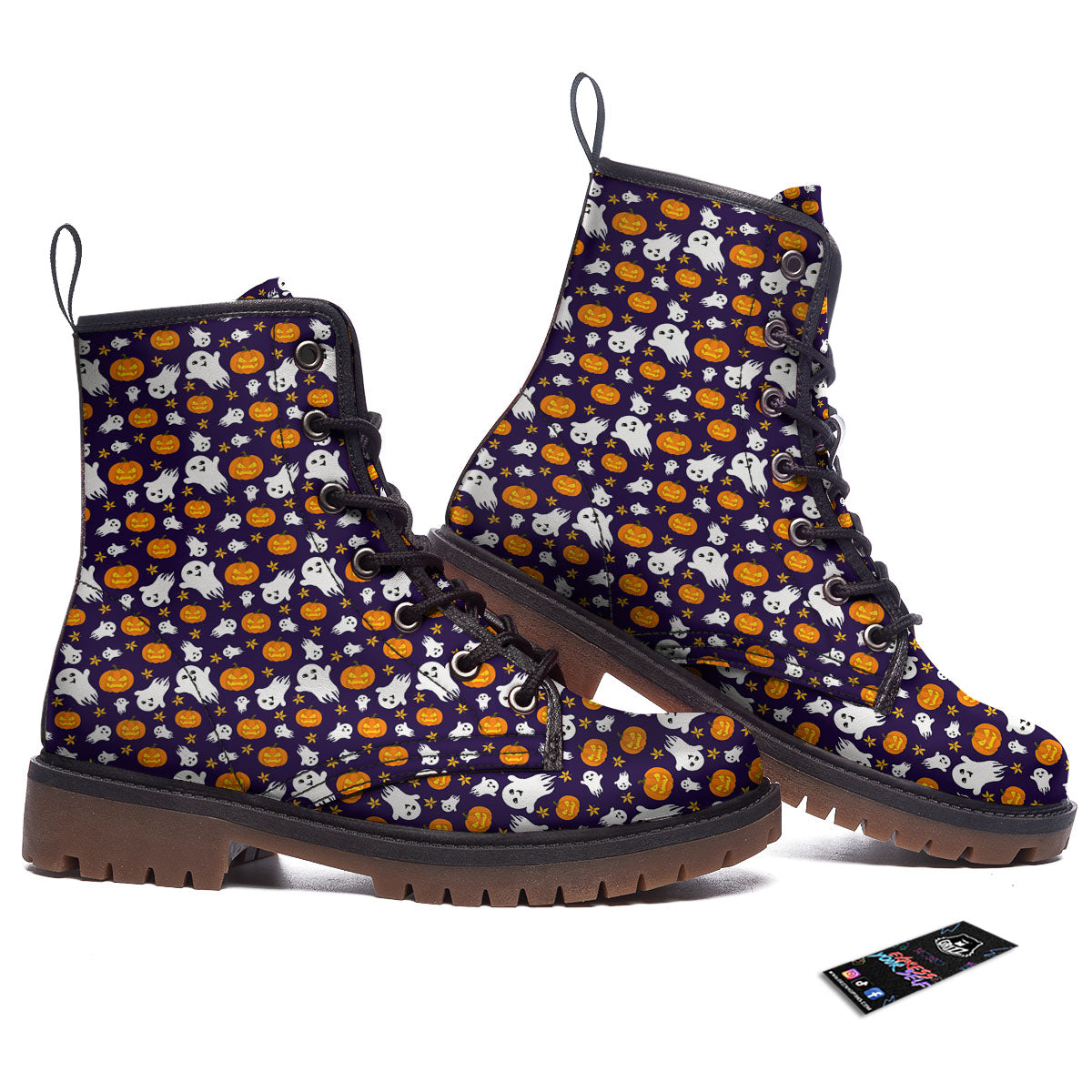 Pumpkin And Ghost Print Pattern Work Boots-grizzshop