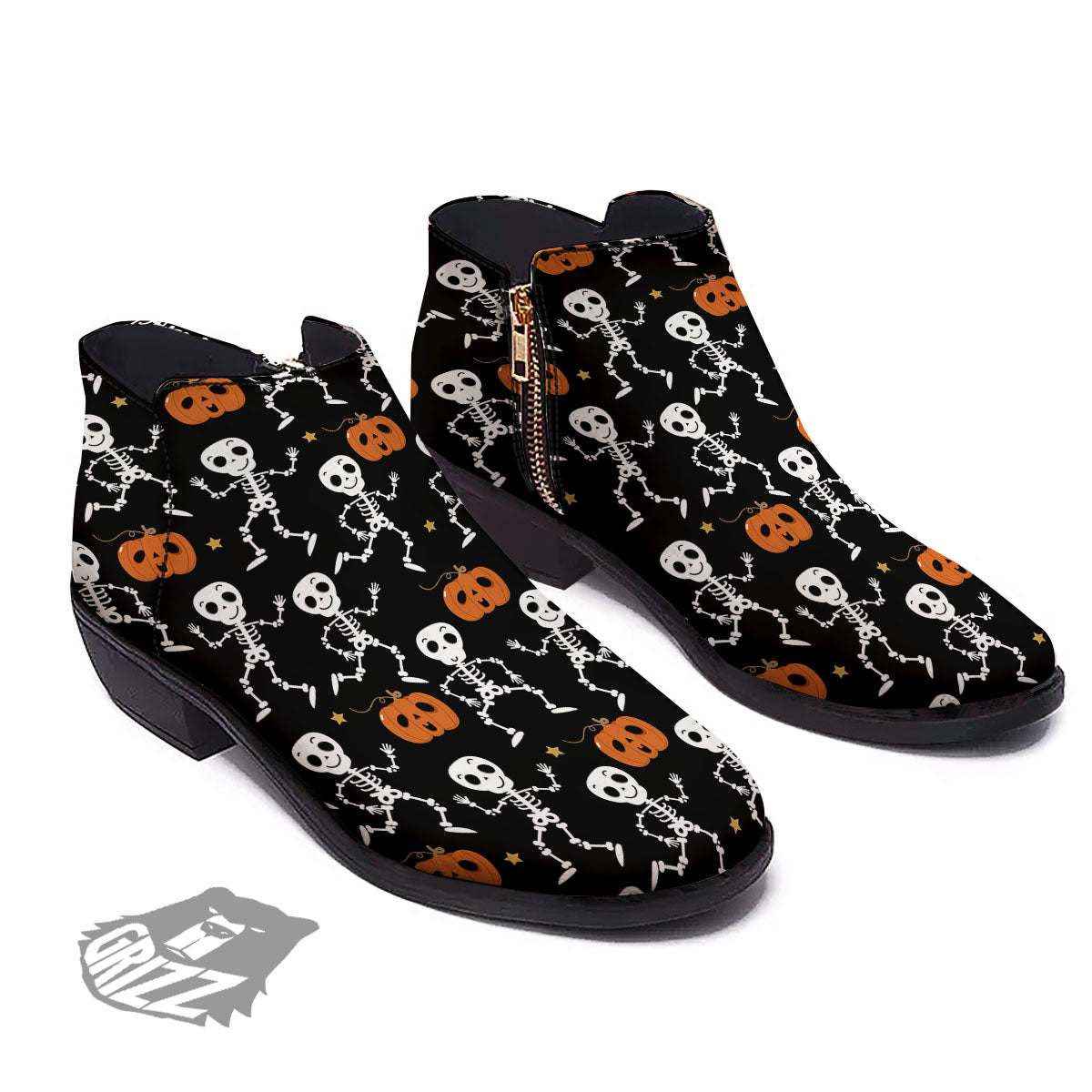 Pumpkin And Skeleton Halloween Print Ankle Boots-grizzshop