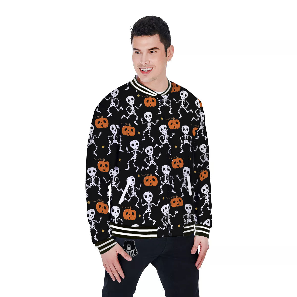 Pumpkin And Skeleton Halloween Print Baseball Jacket-grizzshop