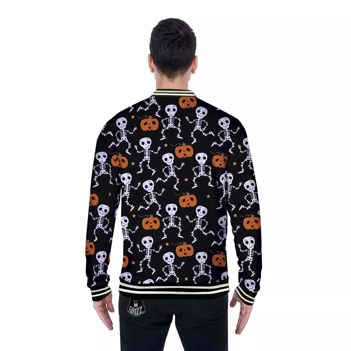 Pumpkin And Skeleton Halloween Print Baseball Jacket-grizzshop