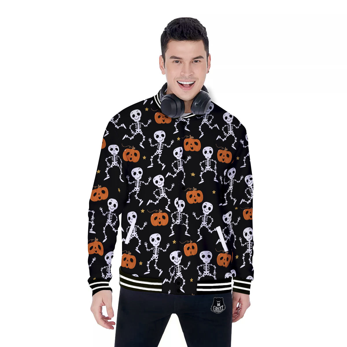 Pumpkin And Skeleton Halloween Print Baseball Jacket-grizzshop