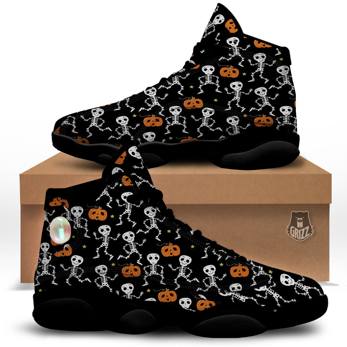 Pumpkin And Skeleton Halloween Print Black Basketball Shoes-grizzshop