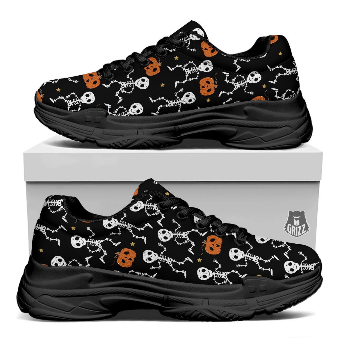 Pumpkin And Skeleton Halloween Print Black Chunky Shoes-grizzshop