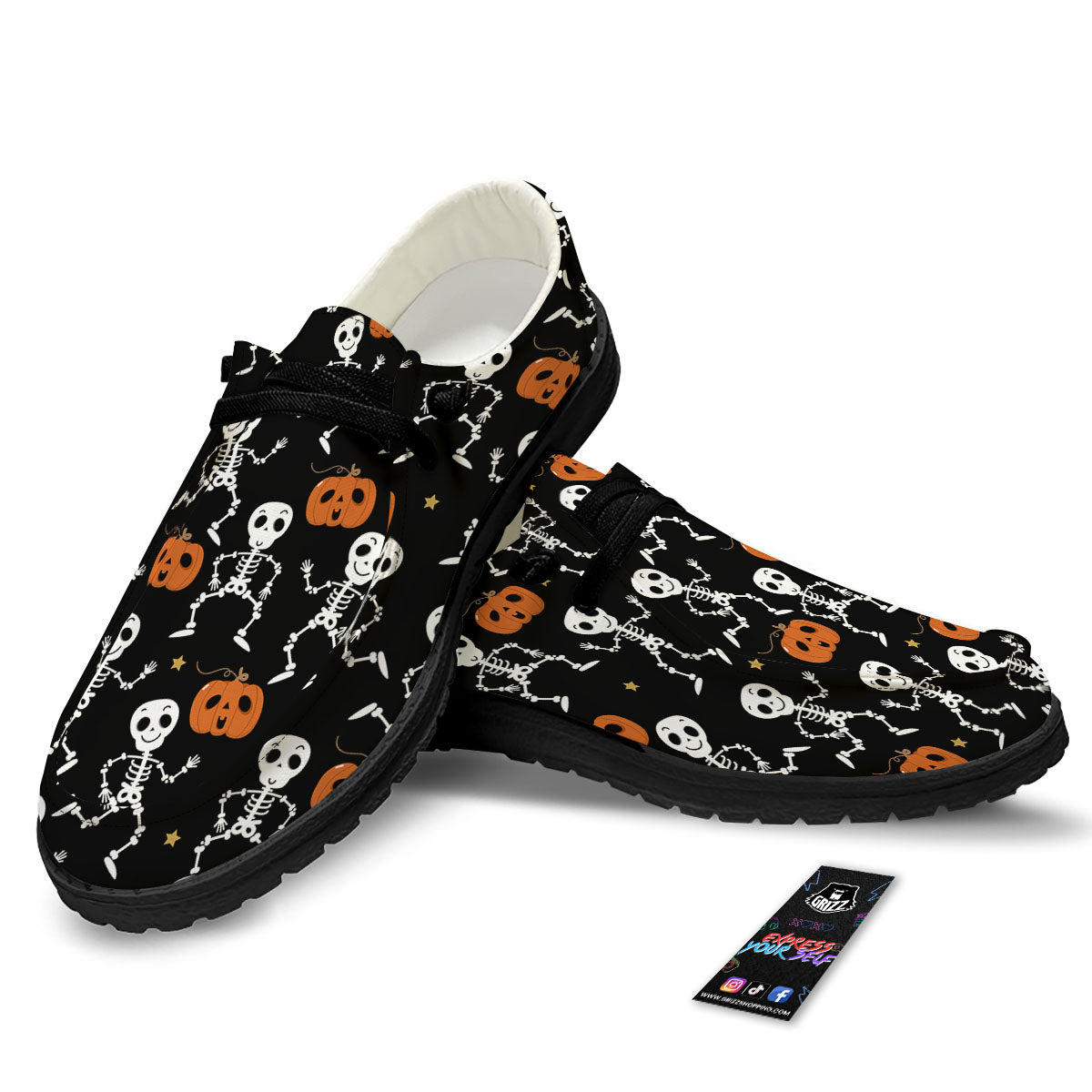 Pumpkin And Skeleton Halloween Print Black Loafers-grizzshop