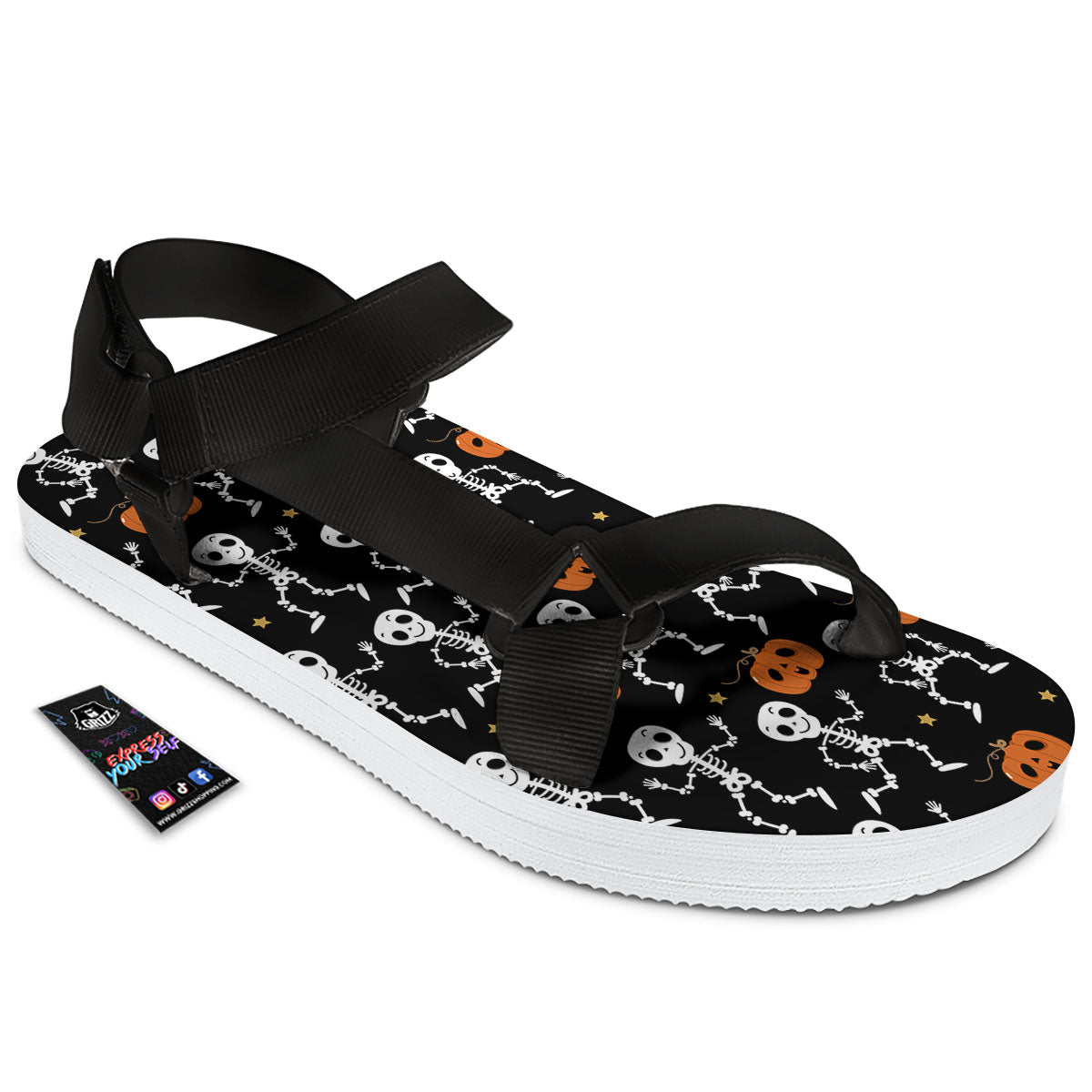 Pumpkin And Skeleton Halloween Print Black Open Toe Sandals-grizzshop