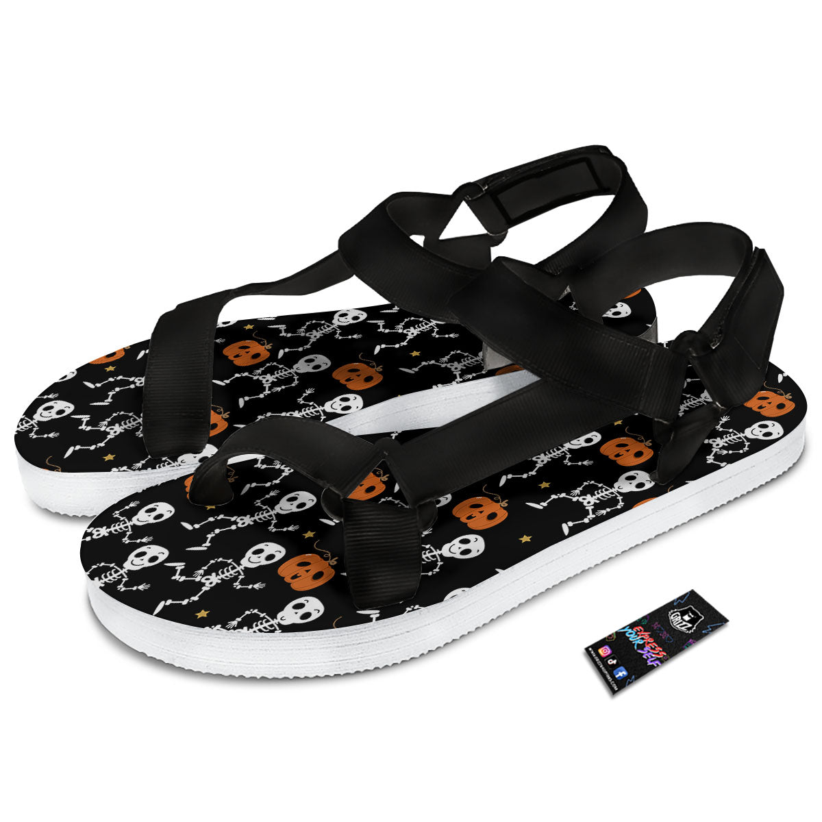 Pumpkin And Skeleton Halloween Print Black Open Toe Sandals-grizzshop