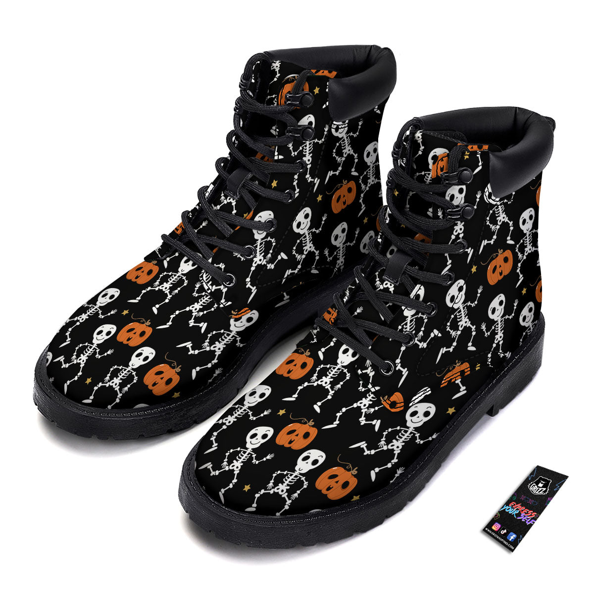 Pumpkin And Skeleton Halloween Print Boots-grizzshop