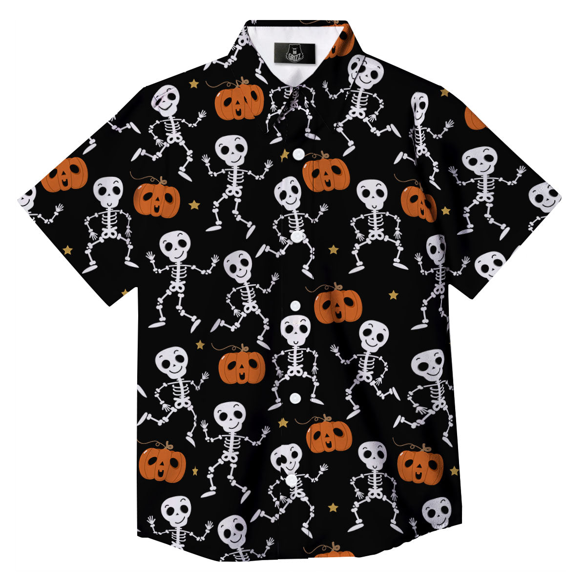Pumpkin And Skeleton Halloween Print Button Up Shirt-grizzshop