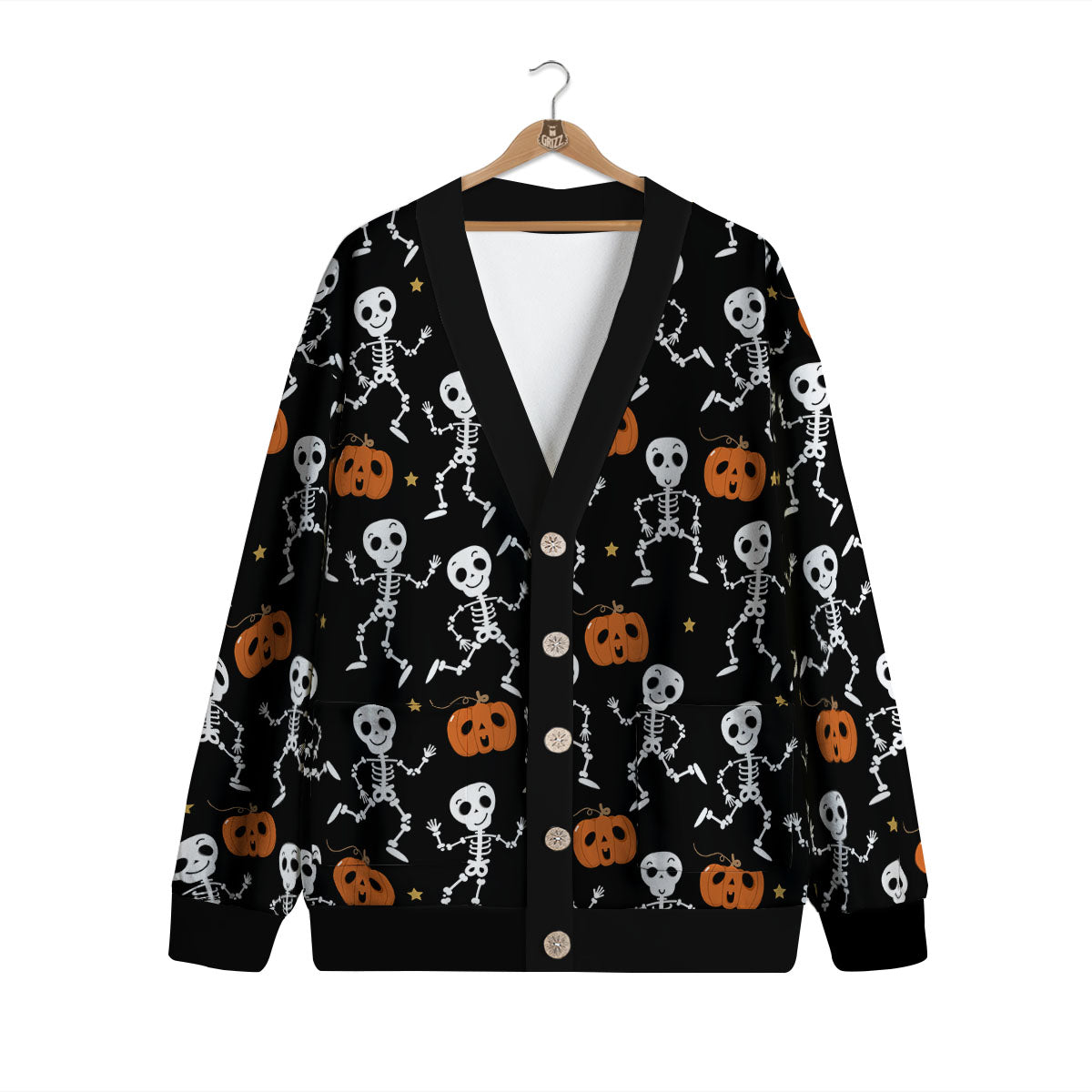 Pumpkin And Skeleton Halloween Print Cardigan-grizzshop